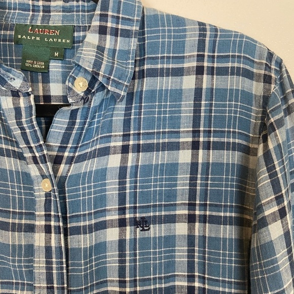 Lauren Ralph Lauren Women's Linen Button Down Shirt Size M Blue Roll Tab Sleeve - Picture 3 of 8